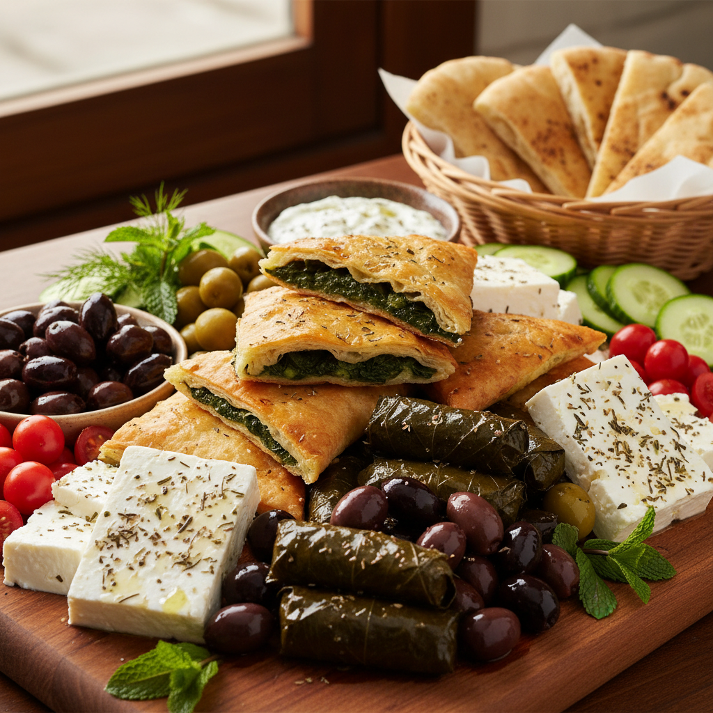 Greek mezze platter with spanakopita, dolmades, and feta